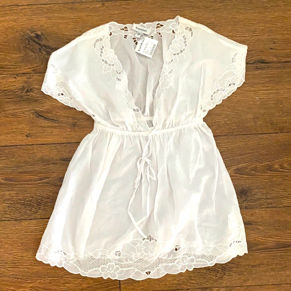 BEBE White Eyelet Embroidered V neck Cotton Voile Drawstring Top S - Picture 2 of 6